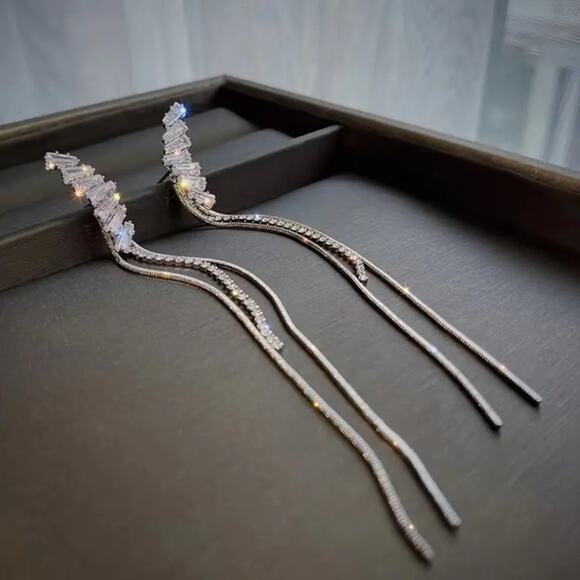 Silver Zircon Tassel Rhinestone Drop Crystal Dangle Earrings - Picture 1 of 2